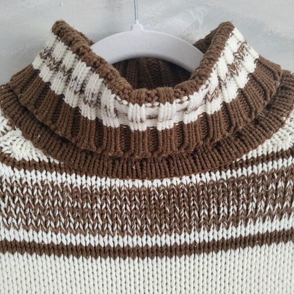 Vtg Hand Loomed Cream & Brown High Turtleneck Sweater Jumper No Size Flaw - Picture 2 of 7